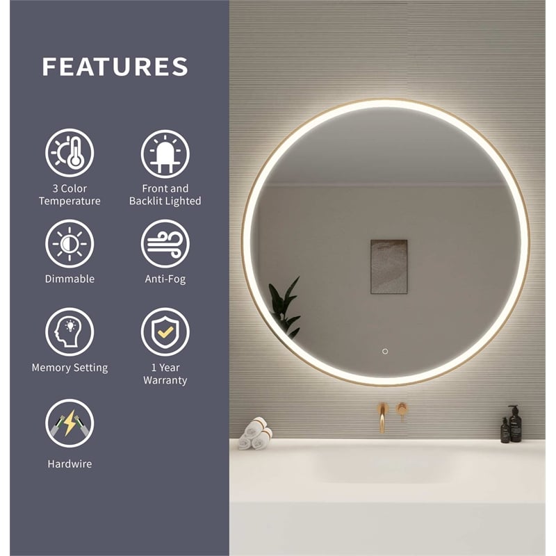 Elegant Kitchen and Bath 45 Round Led Front & Backlit Wall Mirror in Satin Gold