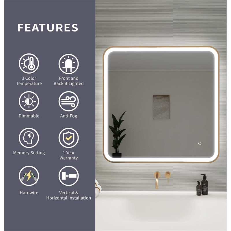 Elegant Kitchen and Bath 33 Round Led Front & Backlit Wall Mirror in Satin Gold
