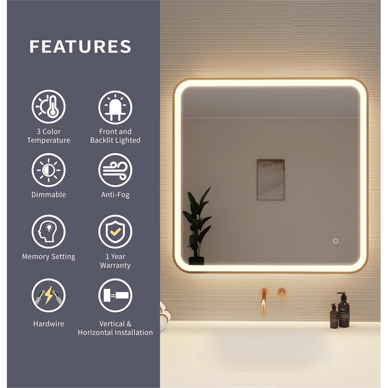 Elegant Kitchen and Bath 33 Round Led Front & Backlit Wall Mirror in Satin Gold