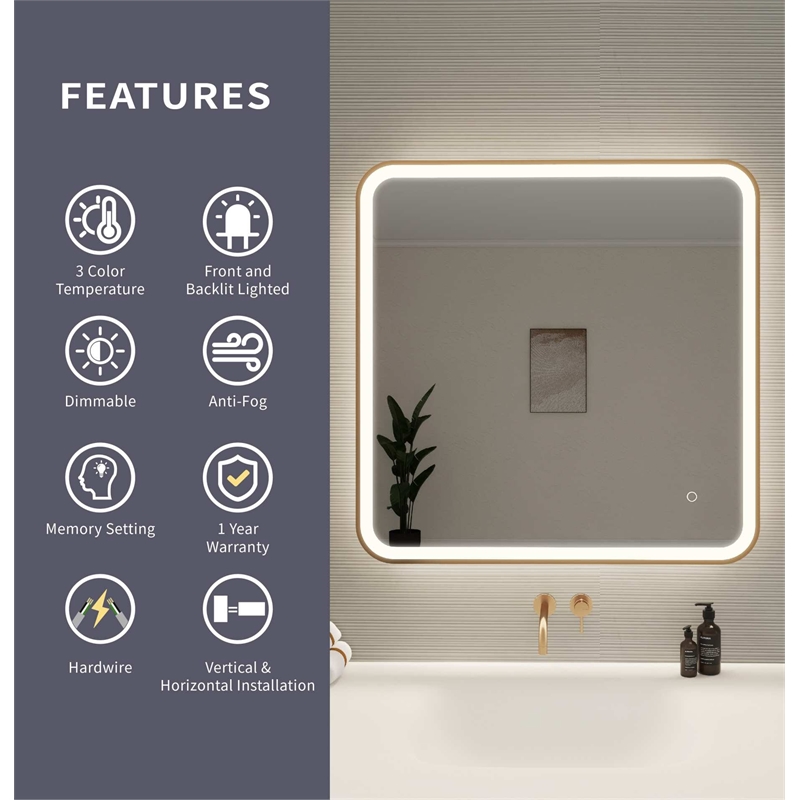 Elegant Kitchen and Bath 33 Round Led Front & Backlit Wall Mirror in Satin Gold