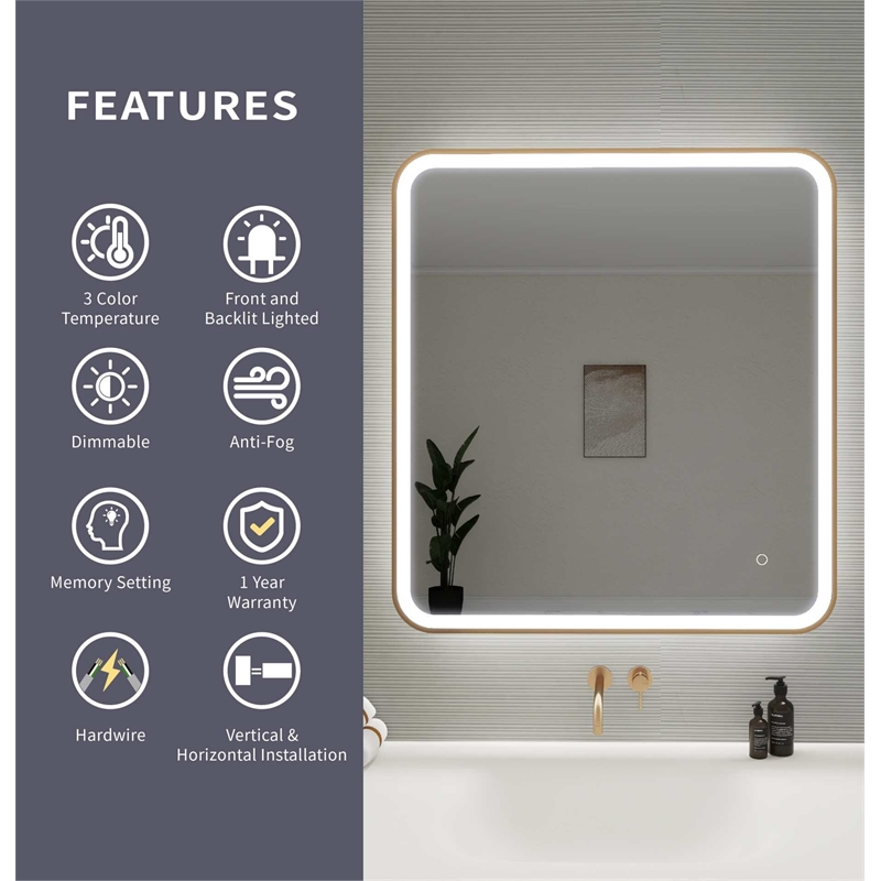 Elegant Kitchen and Bath 36 Round Led Front & Backlit Wall Mirror in Satin Gold