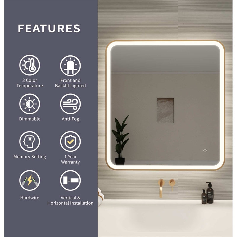 Elegant Kitchen and Bath 36 Round Led Front & Backlit Wall Mirror in Satin Gold