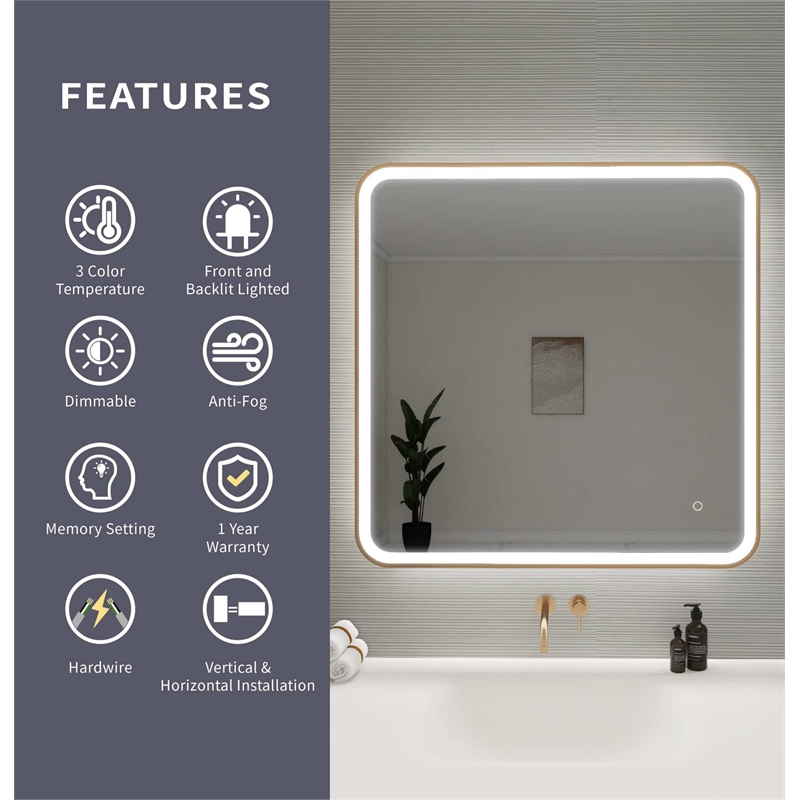 Elegant Kitchen and Bath 36 Round Led Front & Backlit Wall Mirror in Satin Gold