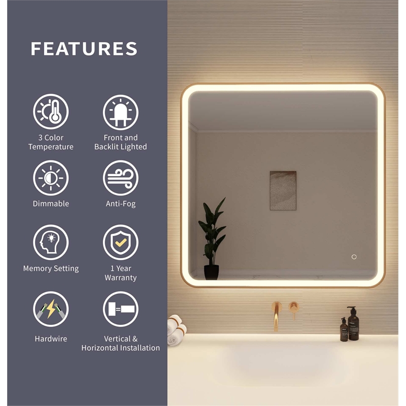 Elegant Kitchen and Bath 36 Round Led Front & Backlit Wall Mirror in Satin Gold