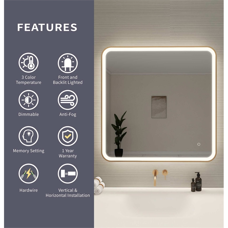 Elegant Kitchen and Bath 36 Round Led Front & Backlit Wall Mirror in Satin Gold