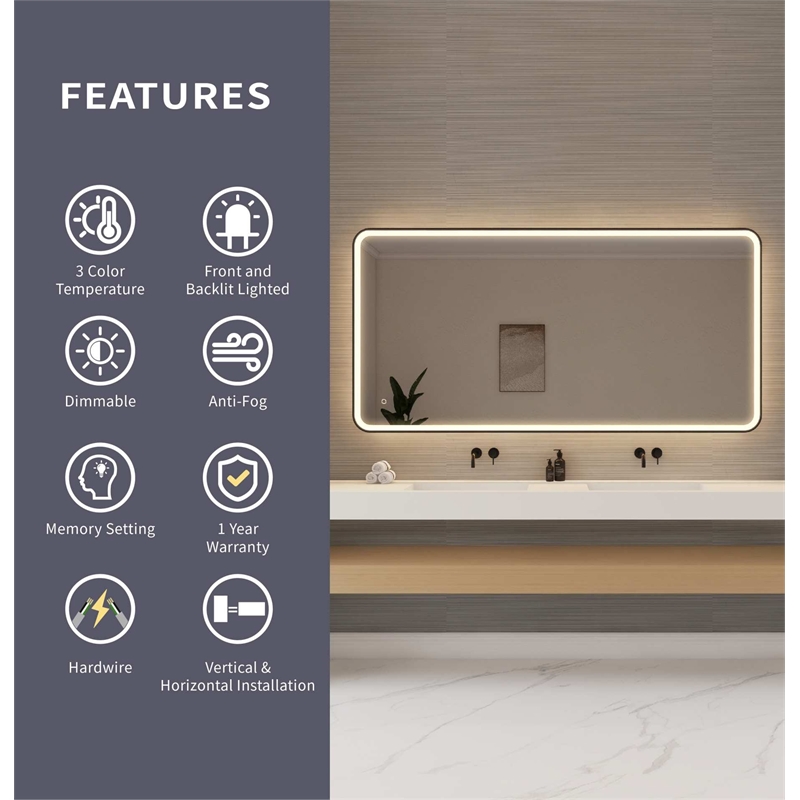 Elegant Kitchen and Bath 72 Round Led Front and Backlit Wall Mirror in Black