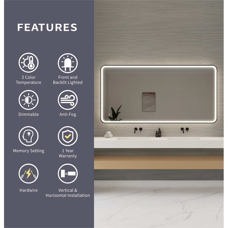 Elegant Kitchen and Bath 72 Round Led Front and Backlit Wall Mirror in Black