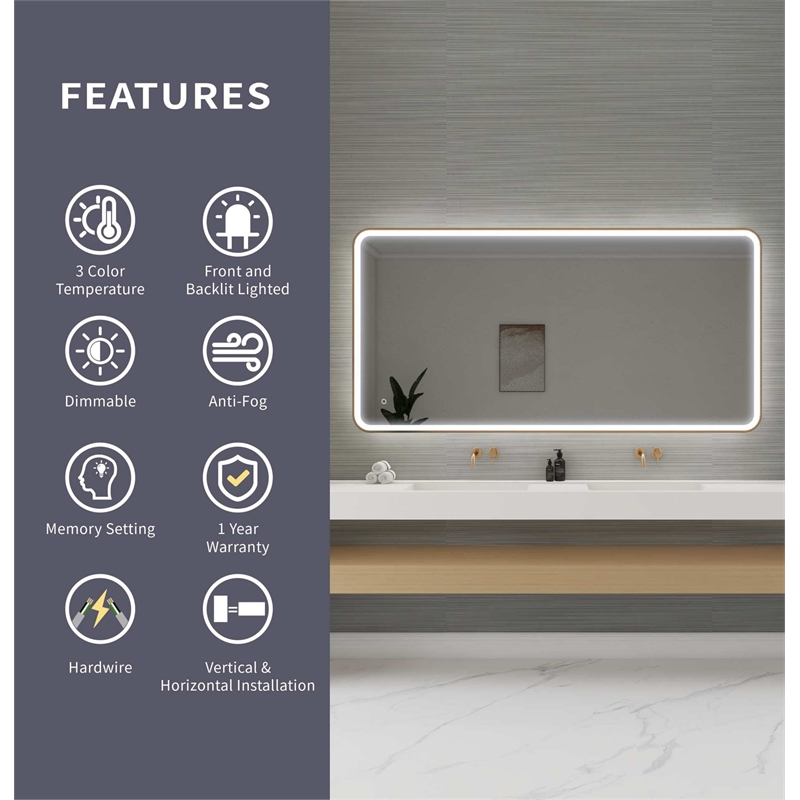 Elegant Kitchen and Bath 72 Round Led Front & Backlit Wall Mirror in Satin Gold