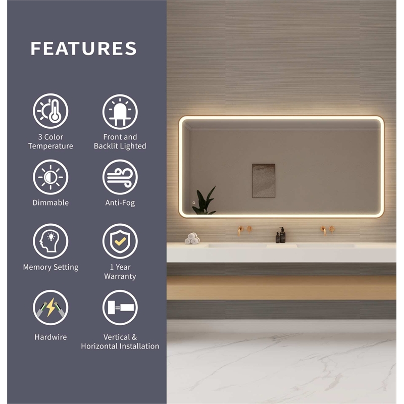 Elegant Kitchen and Bath 72 Round Led Front & Backlit Wall Mirror in Satin Gold