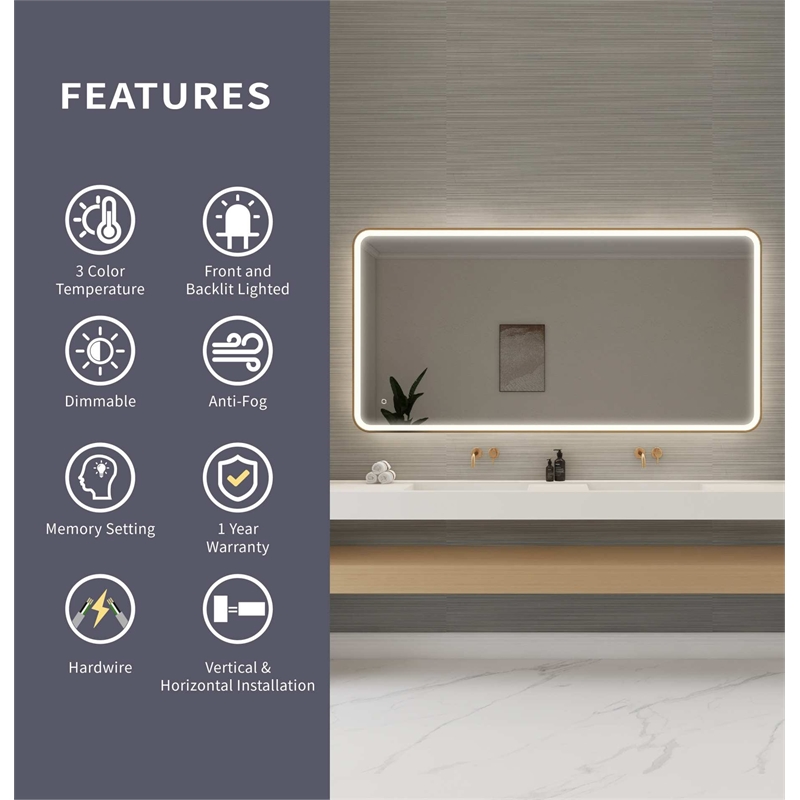 Elegant Kitchen and Bath 72 Round Led Front & Backlit Wall Mirror in Satin Gold