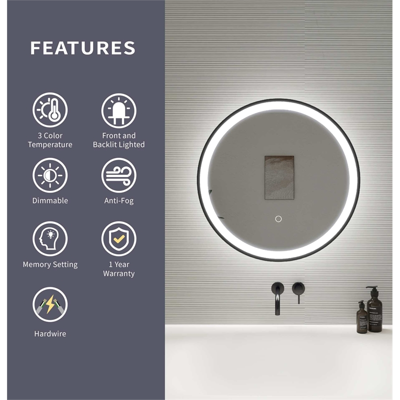 Elegant Kitchen and Bath 21 Round Led Front and Backlit Wall Mirror in Black