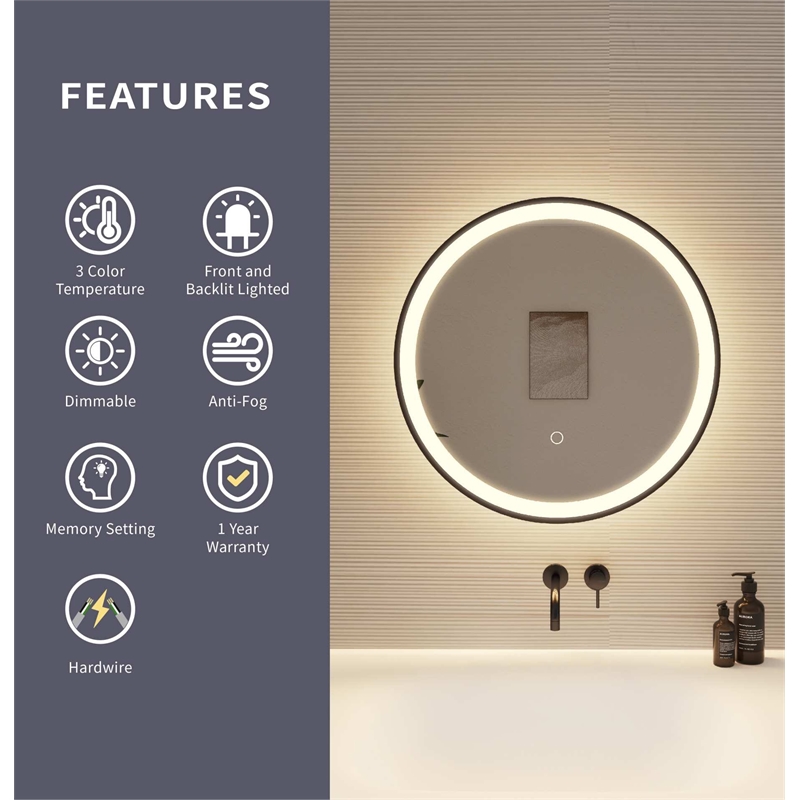 Elegant Kitchen and Bath 21 Round Led Front and Backlit Wall Mirror in Black