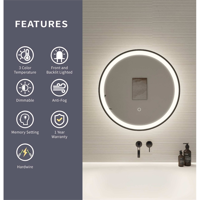 Elegant Kitchen and Bath 21 Round Led Front and Backlit Wall Mirror in Black