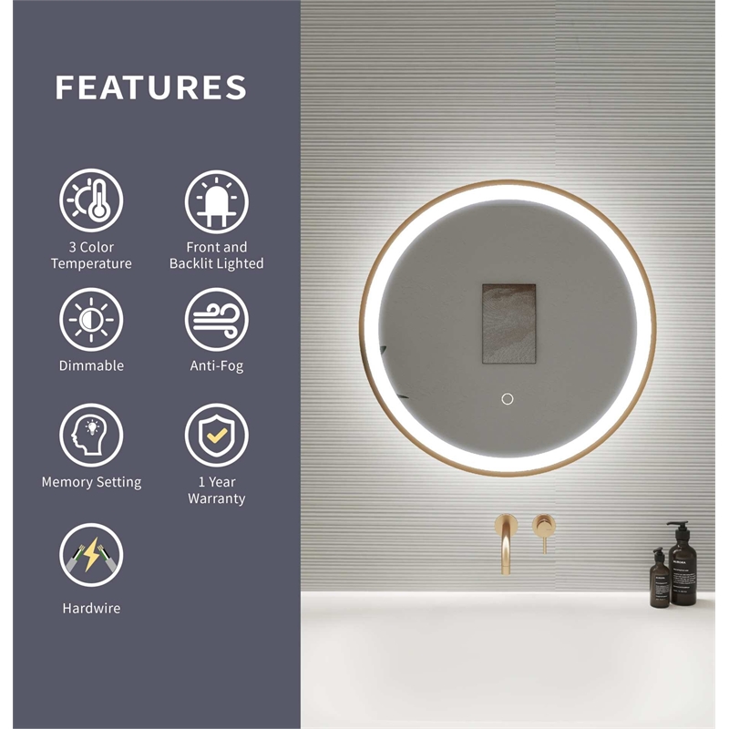 Elegant Kitchen and Bath 21 Round Led Front & Backlit Wall Mirror in Satin Gold