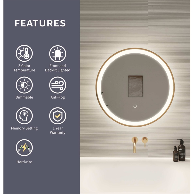 Elegant Kitchen and Bath 21 Round Led Front & Backlit Wall Mirror in Satin Gold