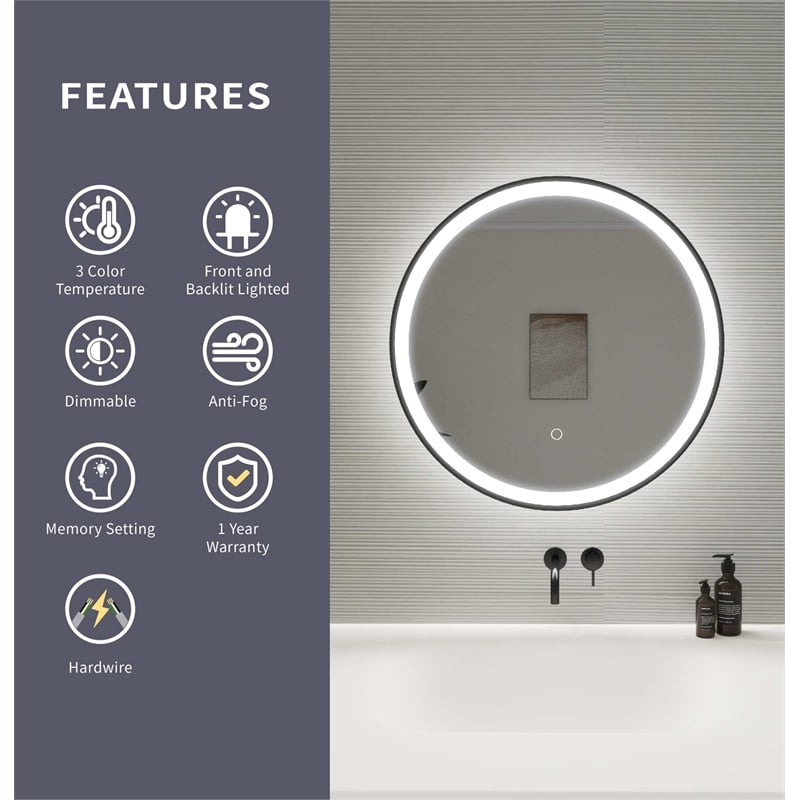 Elegant Kitchen and Bath 24 Round Led Front and Backlit Wall Mirror in Black