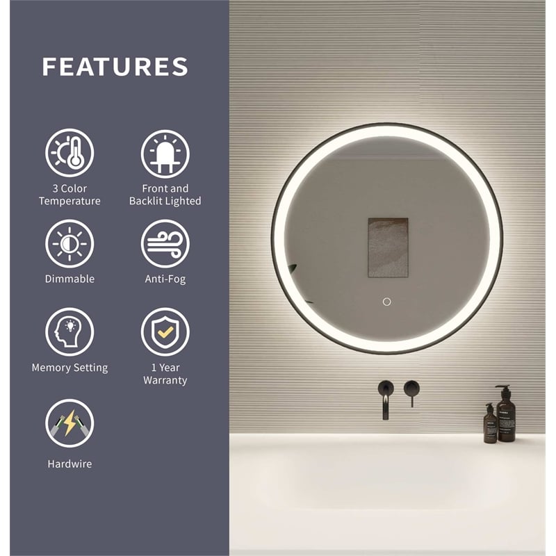 Elegant Kitchen and Bath 24 Round Led Front and Backlit Wall Mirror in Black