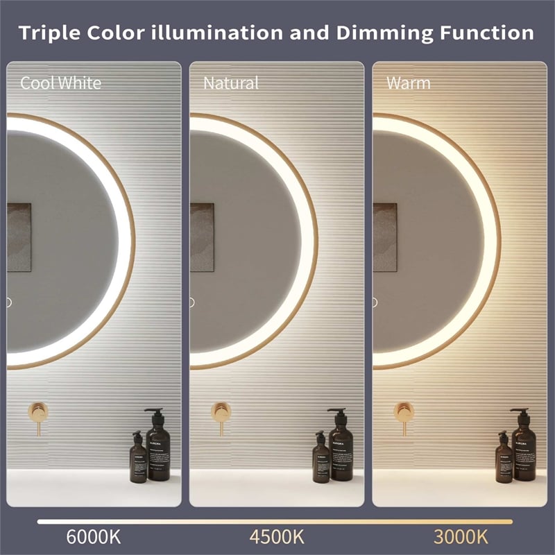 Elegant Kitchen and Bath 24 Round Led Front & Backlit Wall Mirror in Satin Gold