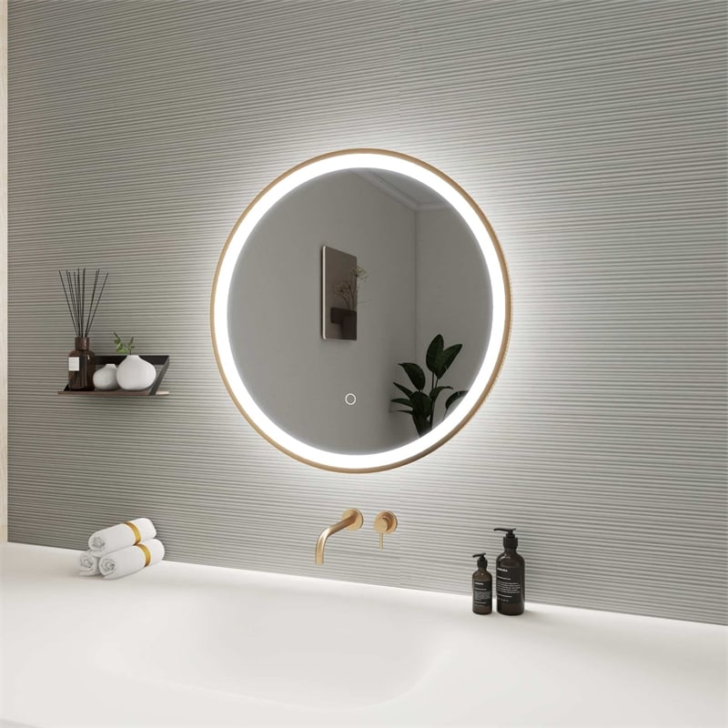 Elegant Kitchen and Bath 24 Round Led Front & Backlit Wall Mirror in Satin Gold