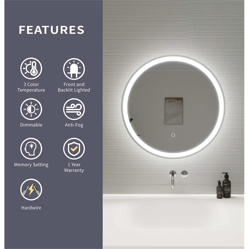 Elegant Kitchen and Bath 24 Round Led Front and Backlit Wall Mirror in Silver