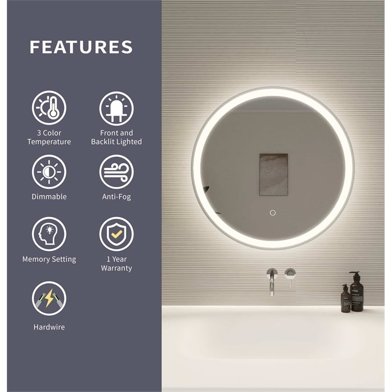 Elegant Kitchen and Bath 24 Round Led Front and Backlit Wall Mirror in Silver