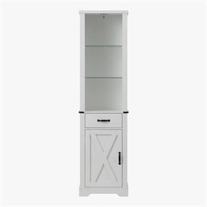 75&quot Tall White Farmhouse Pantry Cabinet with LED Lights & Barn Door