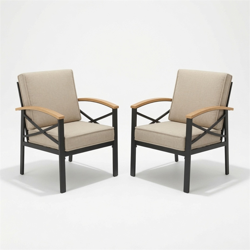 2 Pieces Havey-Duty Metal Outdoor Patio Armchair Set - All-Weather - Beige