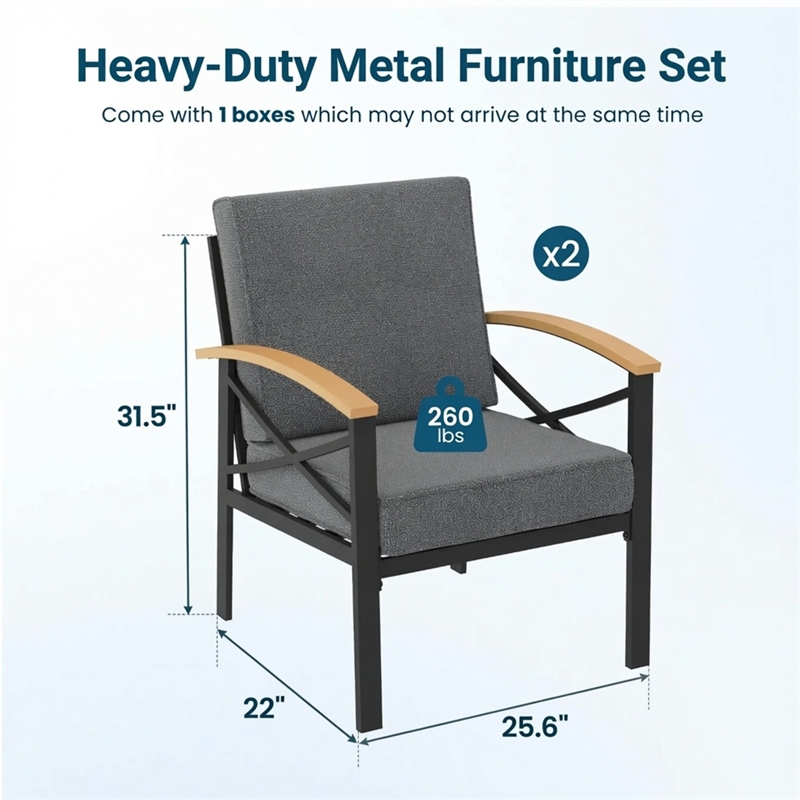 2 Pieces Havey-Duty Metal Outdoor Patio Armchair Set - All-Weather - Gray