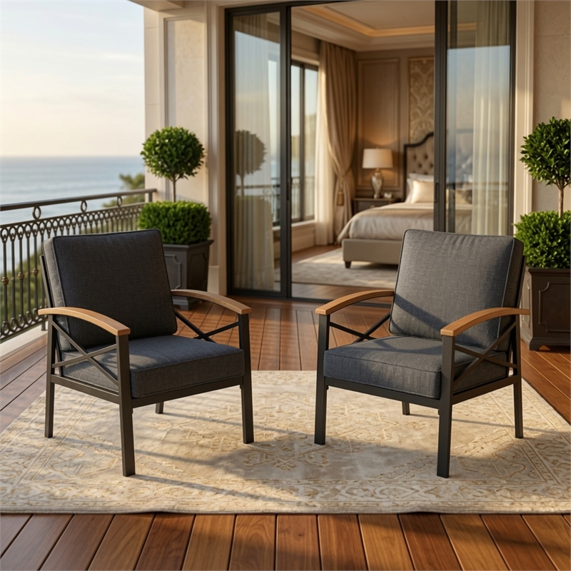 2 Pieces Havey-Duty Metal Outdoor Patio Armchair Set - All-Weather - Gray