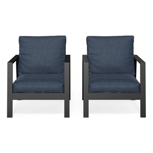 28&quot All-Weather Aluminum Patio Armchairs - Thick Blue Cushions (Set of 2)