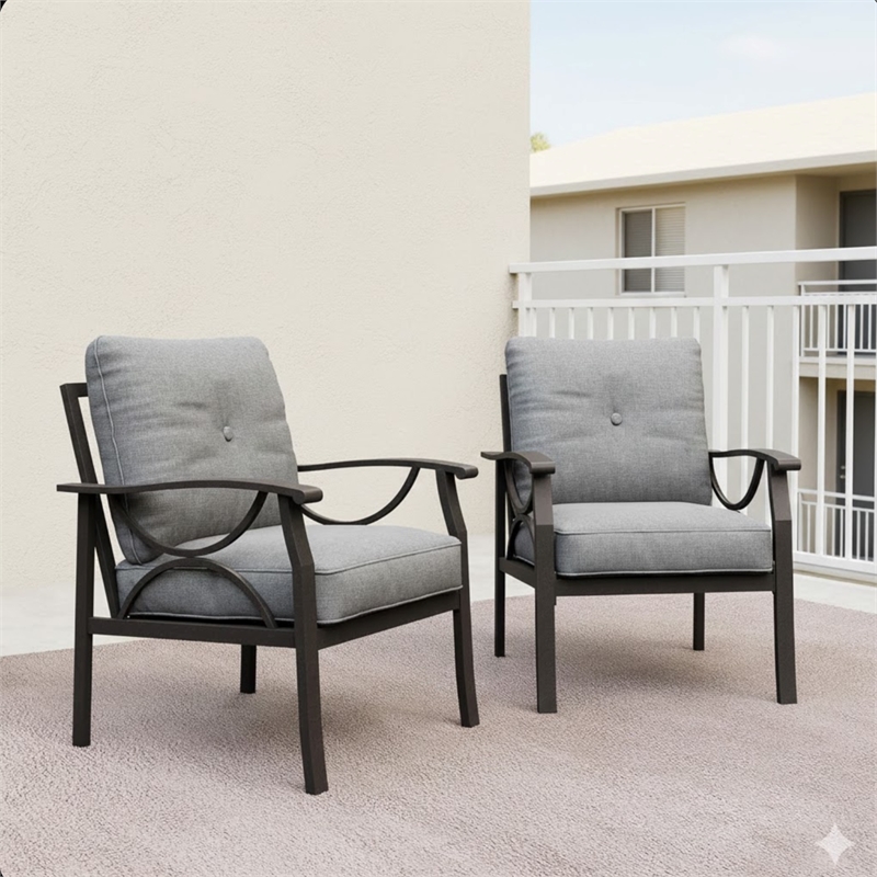 All-Weather Metal Armchairs - Khaki Frame with Gray Cushions (Set of 2)