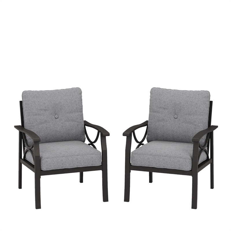 All-Weather Metal Armchairs - Khaki Frame with Gray Cushions (Set of 2)