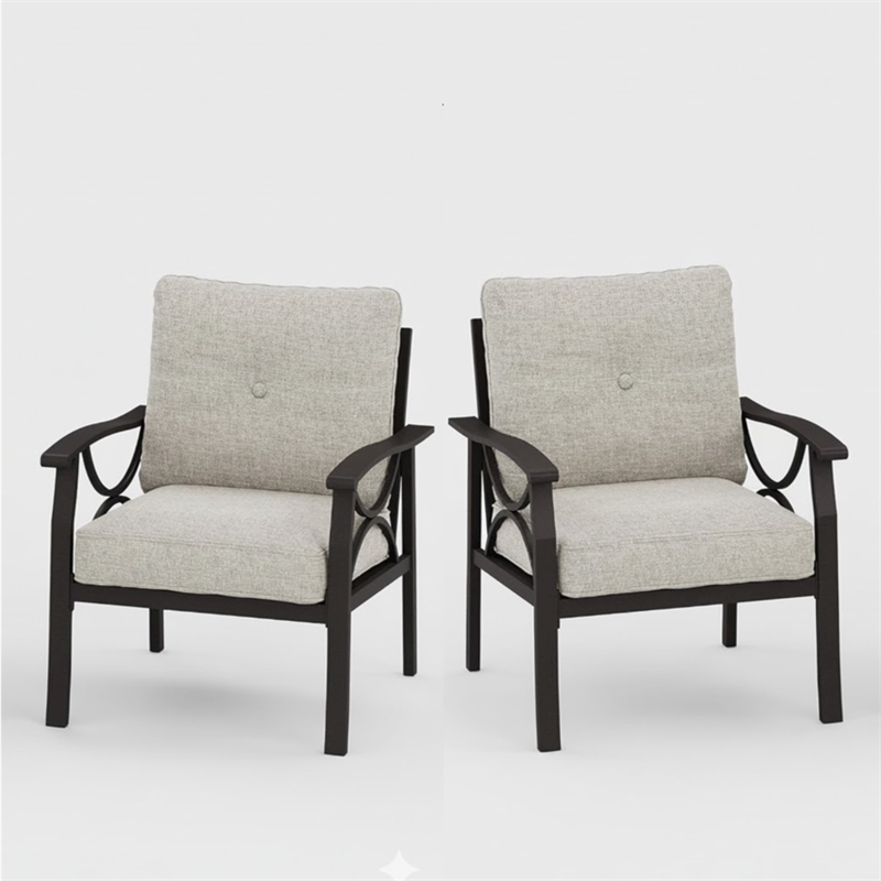 All-Weather Metal Armchairs - Khaki Frame with Beige Cushions (Set of 2)