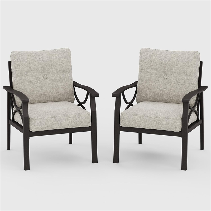 All-Weather Metal Armchairs - Khaki Frame with Beige Cushions (Set of 2)
