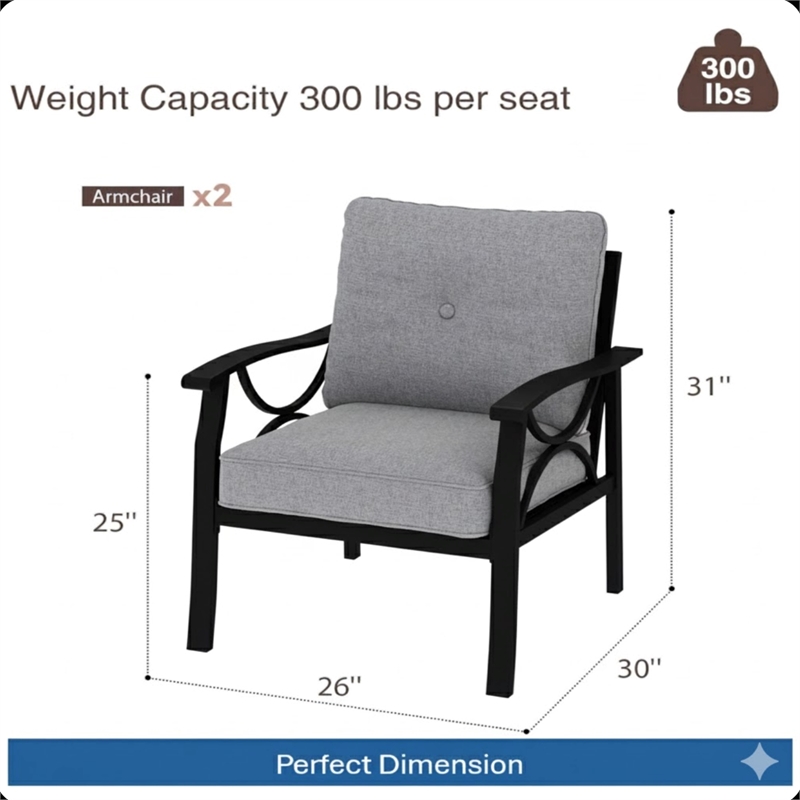 All-Weather Metal Armchairs - Black Frame with Gray Cushions (Set of 2)