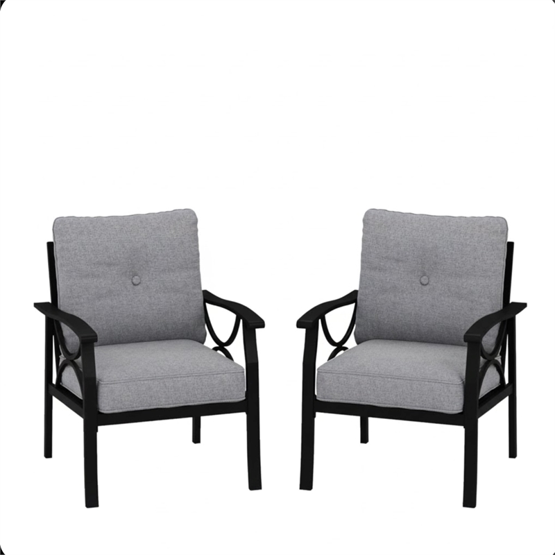 All-Weather Metal Armchairs - Black Frame with Gray Cushions (Set of 2)