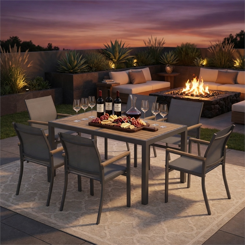 Grey Aluminum Outdoor Patio Chair - All Weather Textilene Patio (Set of 6)