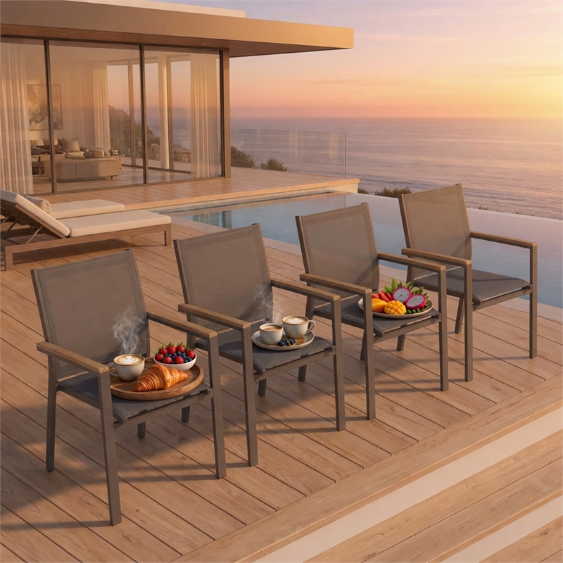 Grey Aluminum Outdoor Patio Chair - All Weather Textilene Patio (Set of 4)