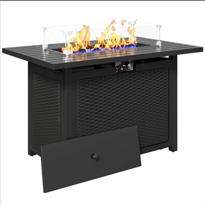 43&quotWidth Outdoor 2-in1 Black Propane Rattan Look Fire Pit Table - Glass