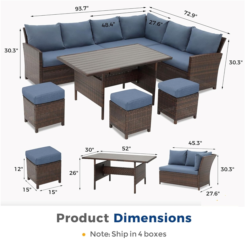 7 Piece Wicker Patio Dining Set 9-Seat Outdoor Sectional Blue Cushions Sofa