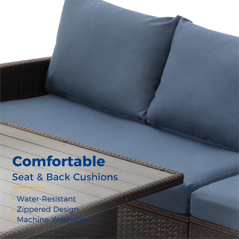 7 Piece Wicker Patio Dining Set 9-Seat Outdoor Sectional Blue Cushions Sofa