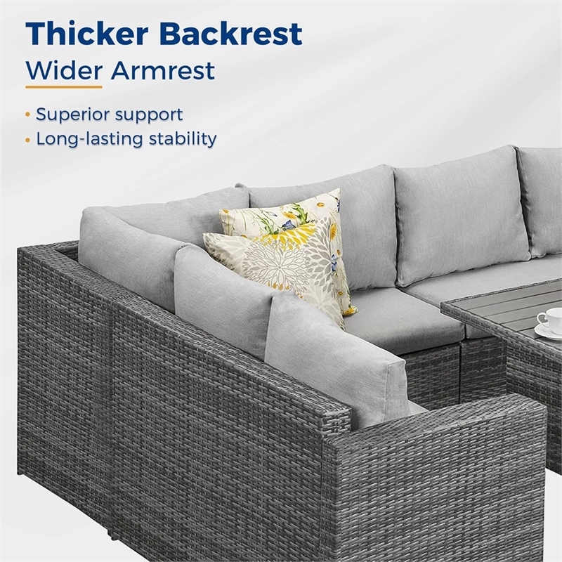 7 Piece Wicker Patio Dining Set 9-Seat Outdoor Sectional Gray Cushions Sofa