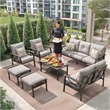 7-Piece Metal Patio Furniture Set - 9-Seat - Gray Cushions - Khaki Frame