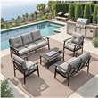 5-Piece Metal Patio Furniture Set - 7-Seat - Gray Cushions - Khaki Frame