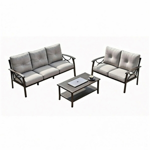 3-Piece Metal Patio Furniture Set - 5-Seat - Gray Cushions - Khaki Frame