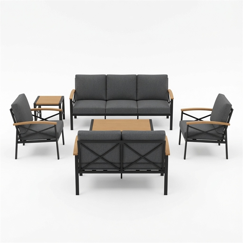 6-Piece Metal Patio Furniture Set - 7-Seat All-Weather Conversation - Gray
