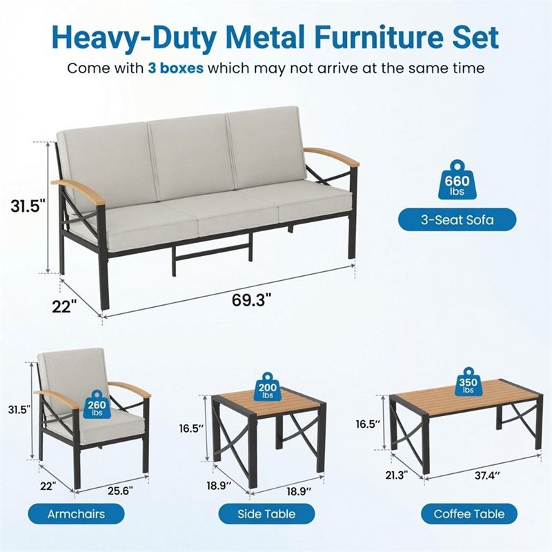 5-Piece Metal Patio Furniture Set - 5-Seat All-Weather Conversation - Brown