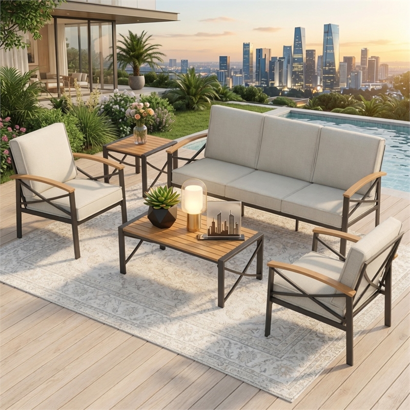 5-Piece Metal Patio Furniture Set - 5-Seat All-Weather Conversation - Brown