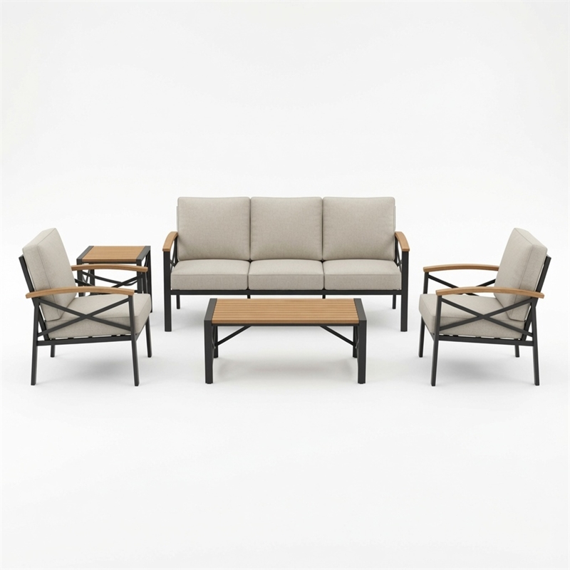 5-Piece Metal Patio Furniture Set - 5-Seat All-Weather Conversation - Brown