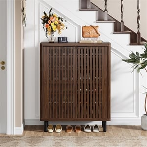 33.46&quot Modern Dark Walnut Wooden 6-Tier Shoe Cabinet with Louvered Doors